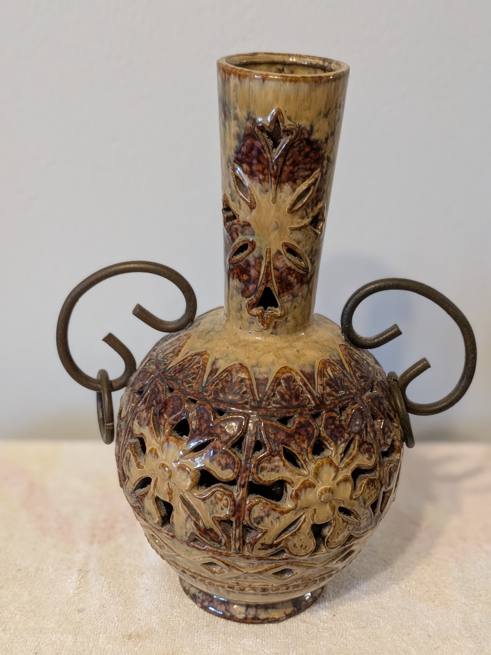 Vintage Glazed Ceramic Pierced Vase With Metal Handles
